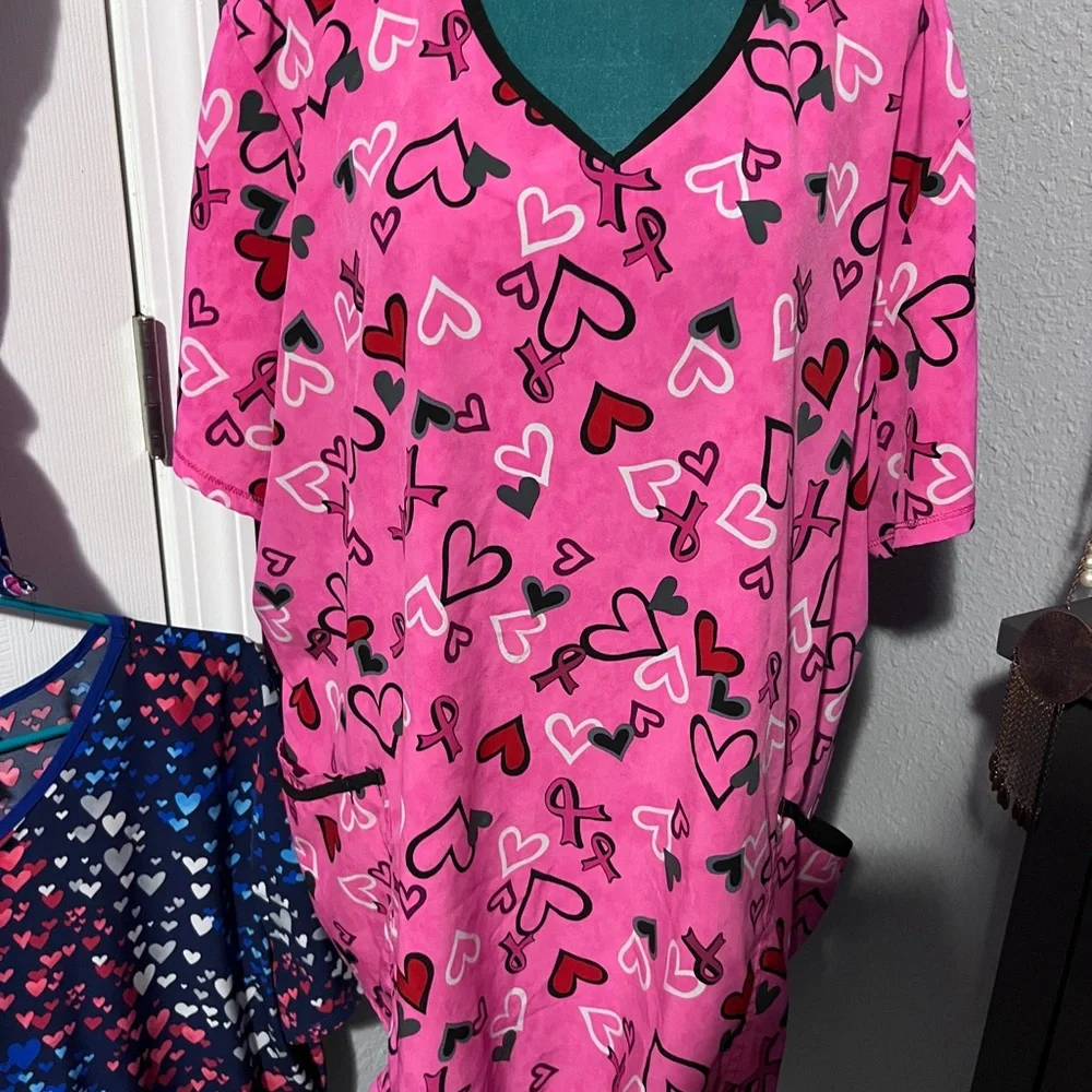 Heart Patterned Scrub Tops - Pink, Blue, set of 3 - Picture 4 of 14